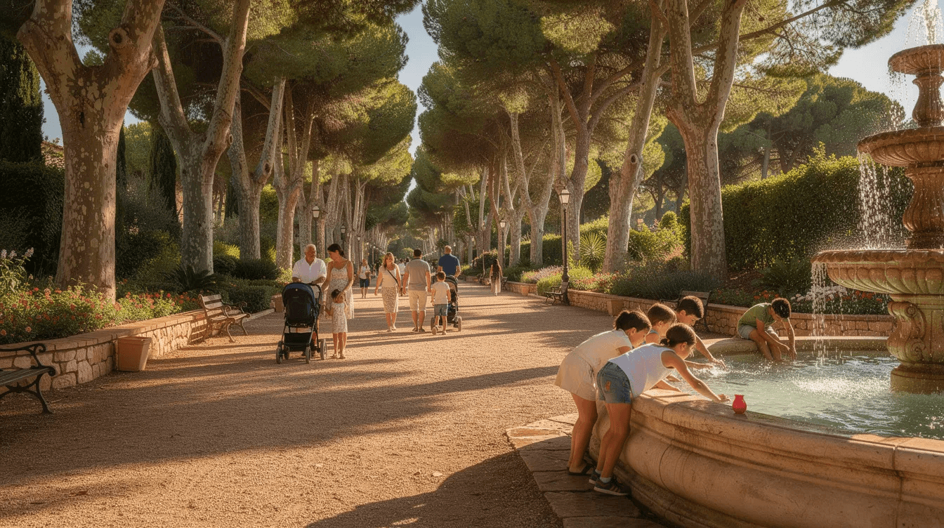 A tree-lined shaded pathway in Parque de María Luisa features families walking and children playing near a fountain, creating a lively atmosphere perfect for family fun during a visit to Seville. The beautiful gardens and stunning architecture of the park make it an ideal spot for a family trip in this walkable city.