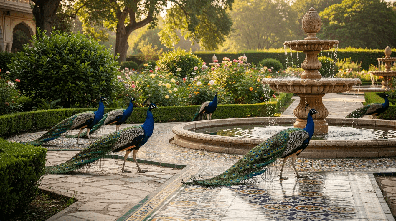 Peacocks roam freely in the lush green gardens of a palace, surrounded by ornate fountains and intricately tiled pathways, creating a picturesque scene perfect for families visiting Seville. This vibrant setting, reminiscent of the beautiful gardens in Parque de María Luisa, offers a delightful experience for kids and adults alike.