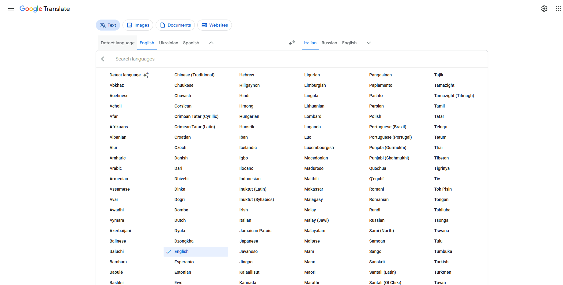 google language list