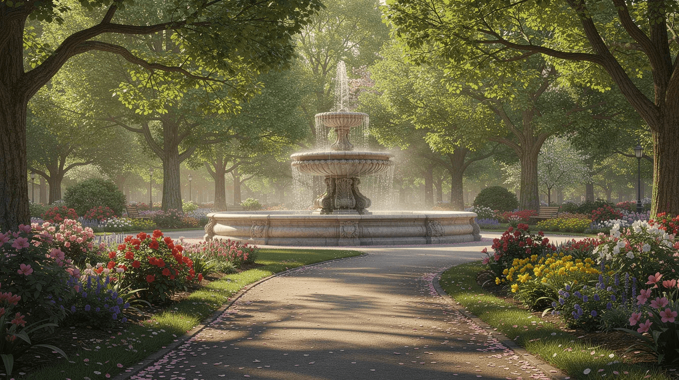 A lush park pathway is lined with tall trees and vibrant flowering bushes, leading towards an ornate fountain, reminiscent of the beautiful gardens found in places like Parque de María Luisa in Seville. This serene setting invites visitors to enjoy the local culture and explore nearby attractions such as the historic Santa Cruz neighborhood and the iconic Plaza de España.