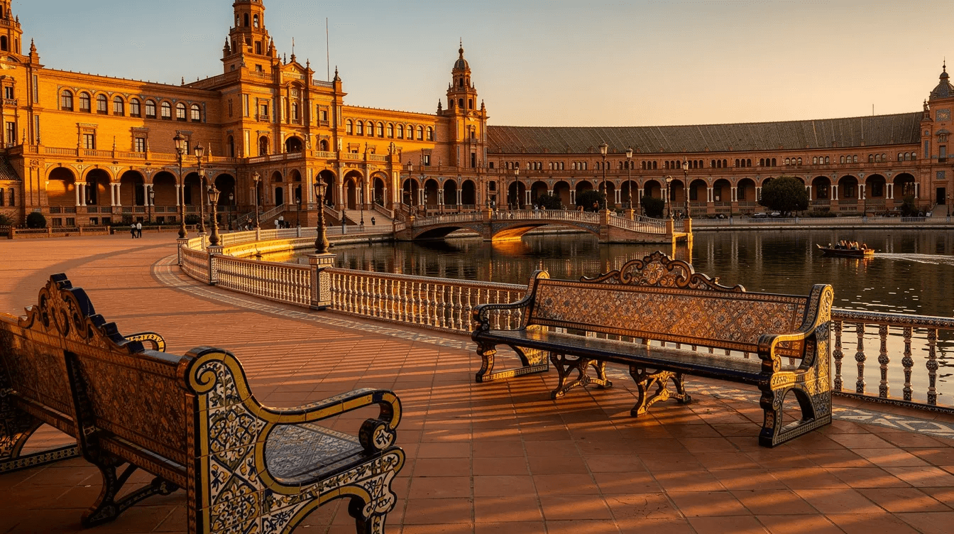 The image captures Plaza de España in Seville during the golden hour, with warm light illuminating the intricately tiled benches and the tranquil canal, surrounded by blooming orange trees. This picturesque scene is perfect for those looking to visit Seville, especially during spring festivals like Semana Santa and the Feria de Abril.