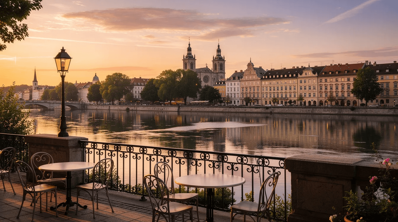 The image depicts a stunning riverside terrace view at sunset, showcasing historic buildings like the Seville Cathedral and Torre del Oro reflected in the calm river water. This picturesque scene captures the essence of Seville, a UNESCO World Heritage site, inviting visitors to enjoy the local culture and vibrant atmosphere.