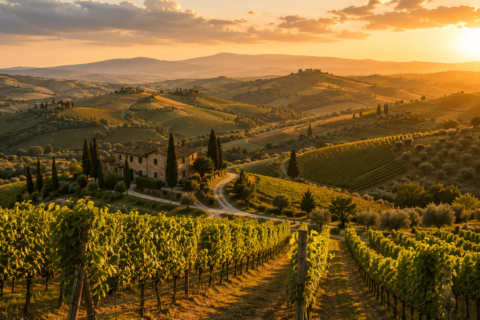Rolling Tuscan hills with vineyard rows, cypress trees, golden hour lighting
