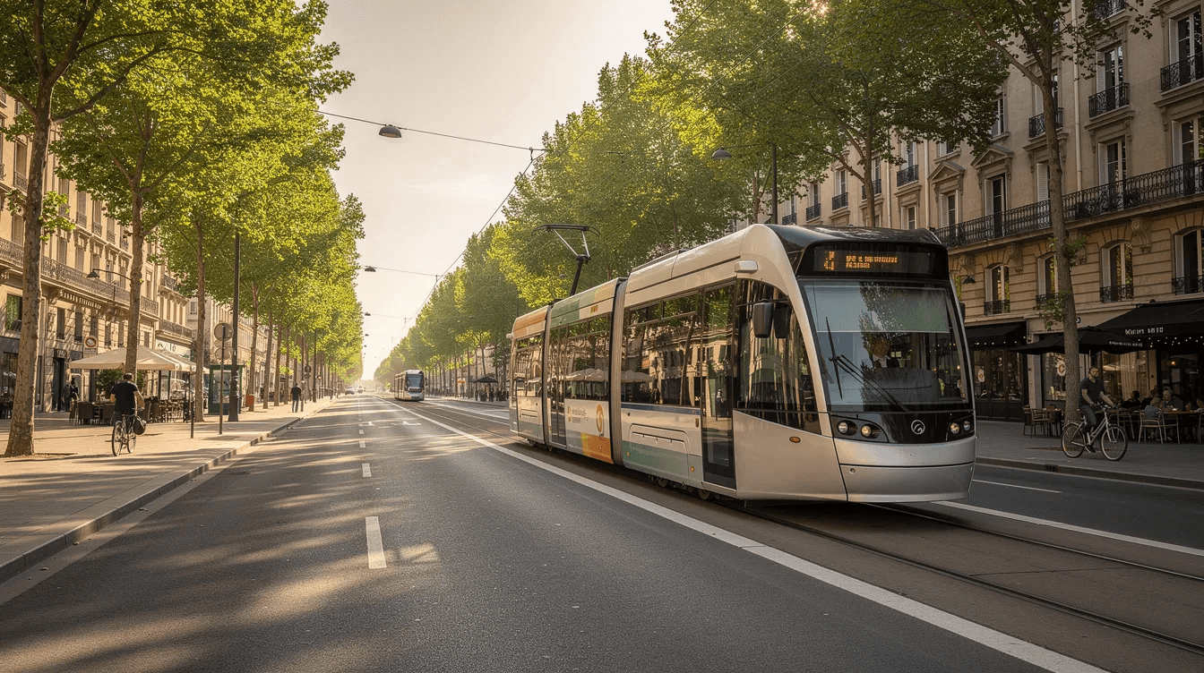 A modern low-floor tram glides along a wide, tree-lined avenue in a European city center, showcasing the accessibility and efficiency of public transportation options available for exploring the historic center. The scene captures the harmonious blend of urban life and greenery, making it an inviting route for both residents and visitors.