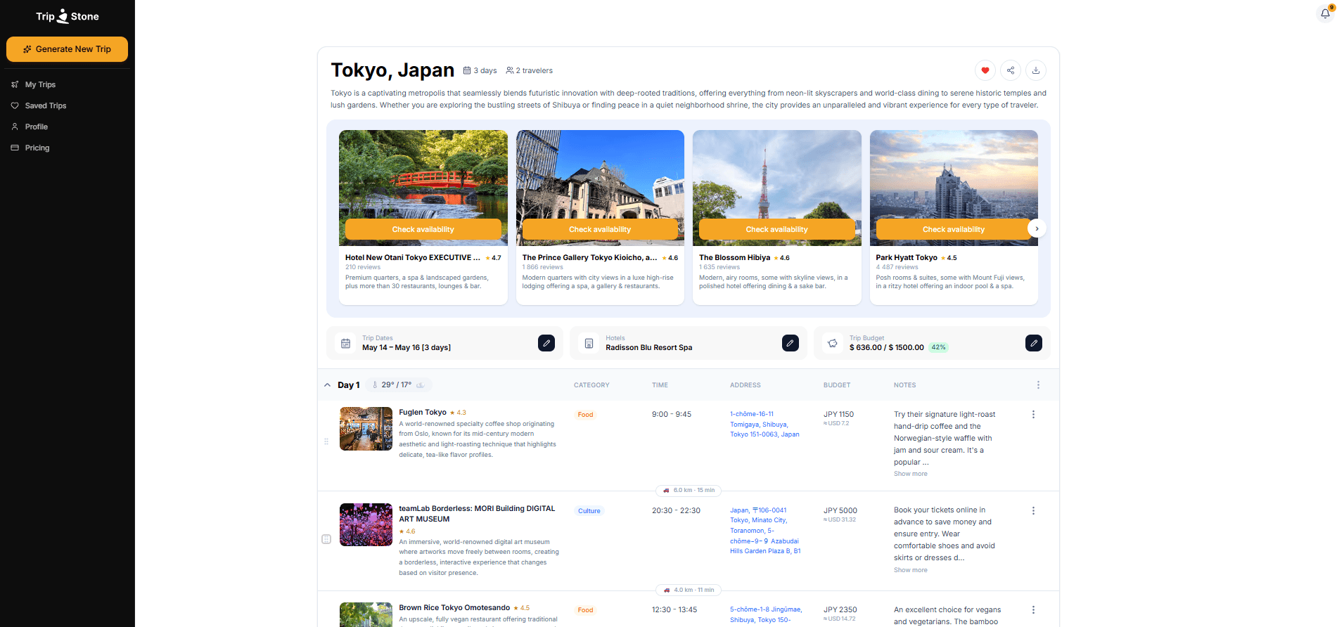 TripStone Tokyo trip with real prices per stop