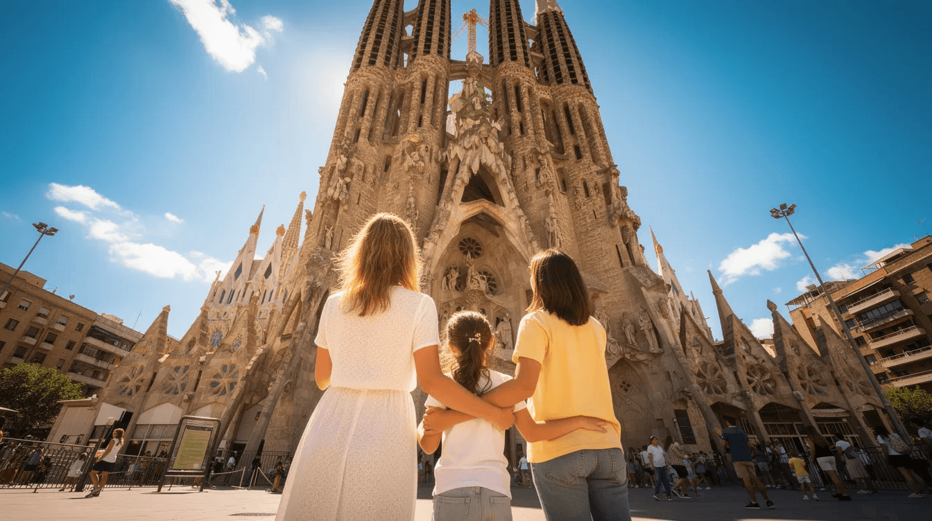 Family gazing up at the Sagrada Familia spires on a sunny day