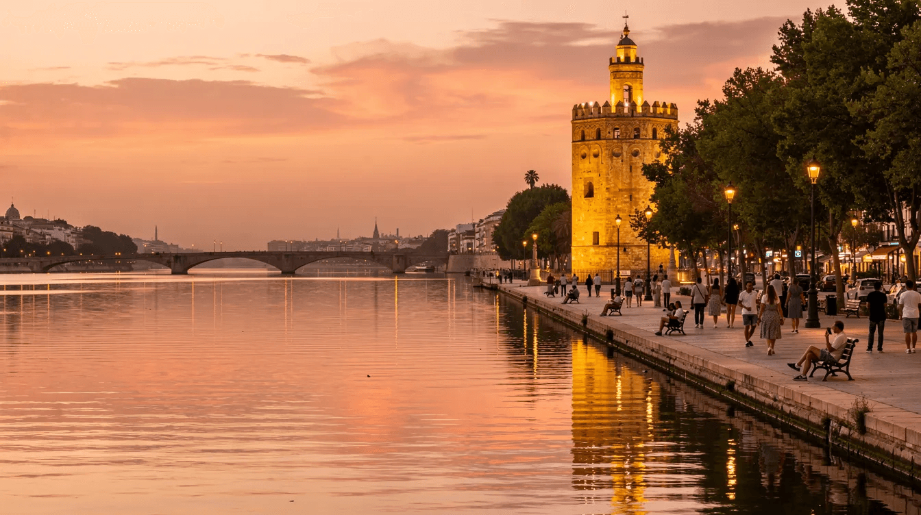 The image captures the Guadalquivir River at sunset, with the golden reflection of the Torre del Oro shimmering on the water as people stroll along the promenade. This picturesque scene is a perfect representation of Seville, making it an ideal place to visit during spring, especially around local events like Semana Santa and the Feria de Abril.