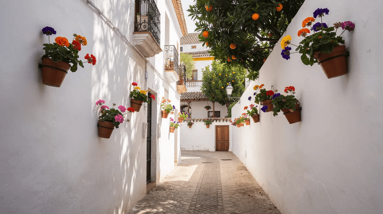 A narrow whitewashed alley in Barrio Santa Cruz features vibrant orange trees and colorful flower pots, creating a charming atmosphere typical of Seville's historic Jewish quarter. This picturesque scene invites budget travelers to explore the hidden gems of the city, away from the more crowded areas like the Seville Cathedral and Plaza de España.