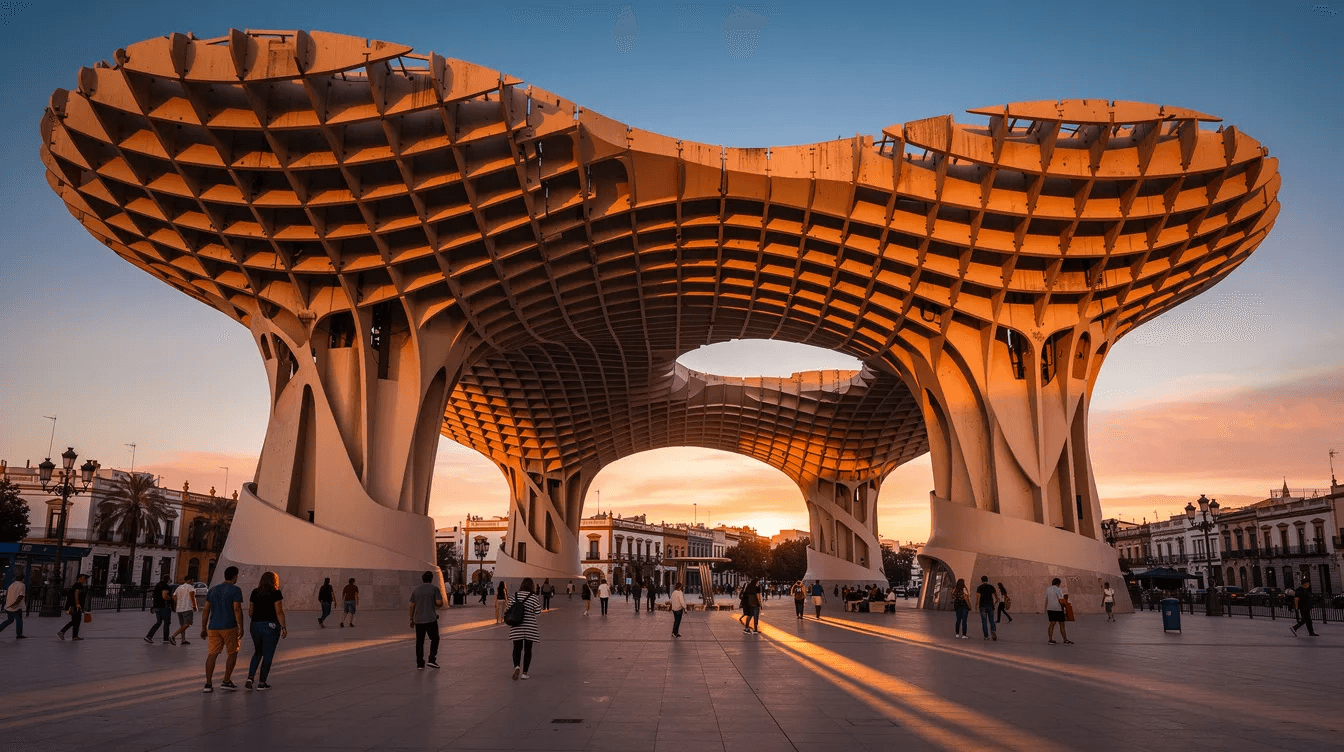 The image depicts the large wooden Metropol Parasol structure in Seville, beautifully illuminated by the warm hues of sunset, with people strolling beneath it. This iconic landmark, known as "setas de Sevilla," offers a unique perspective of the city center, inviting visitors to explore Seville's vibrant atmosphere.