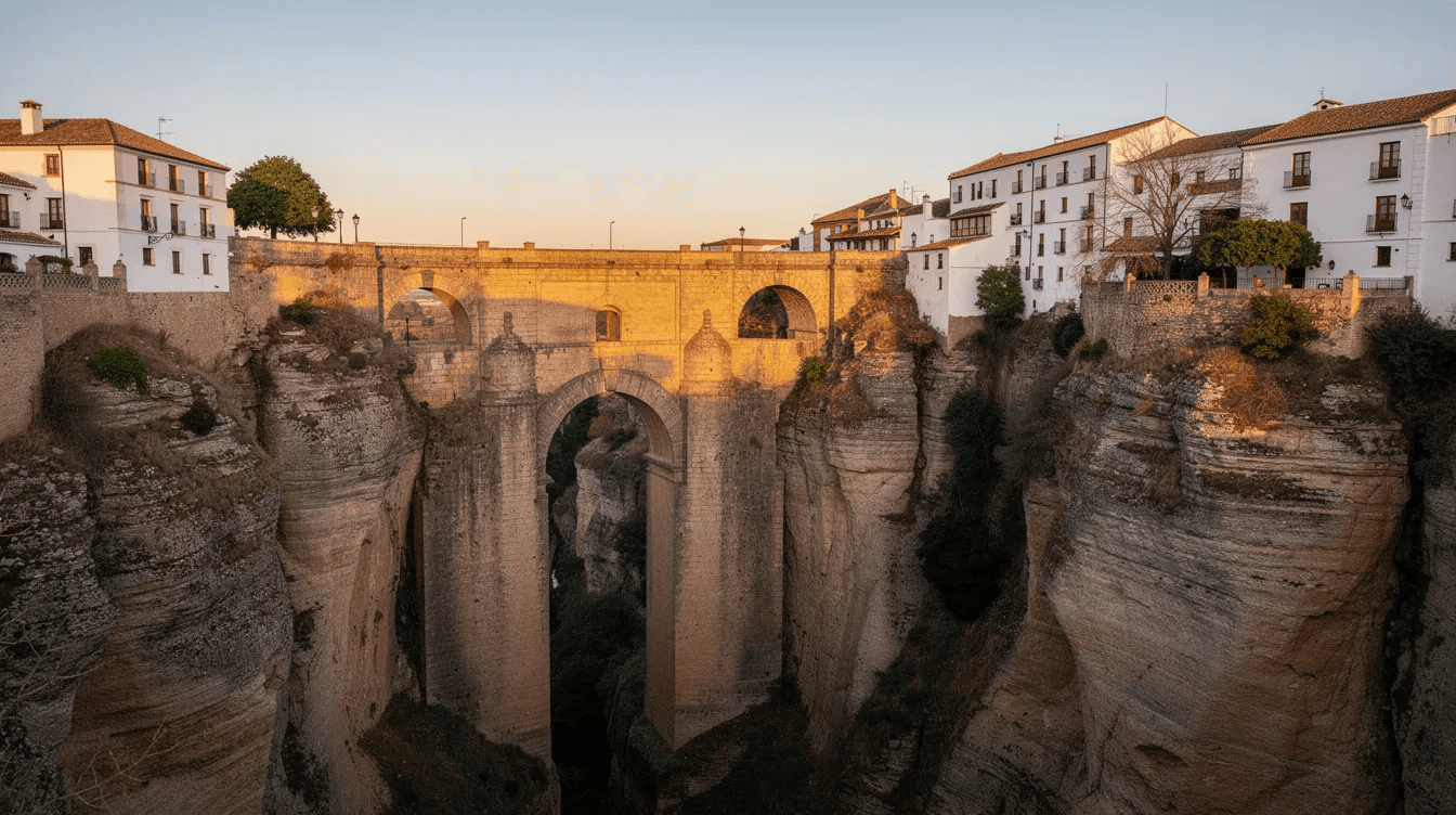 The image depicts the stunning Puente Nuevo bridge, gracefully spanning the deep El Tajo gorge in Ronda, with picturesque whitewashed buildings perched on the cliff edge, showcasing the rich history of this historic town. This iconic structure is a highlight for those taking day trips from Seville, offering spectacular views and a glimpse into Southern Spain's fascinating heritage.