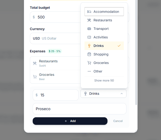 Expense categories dropdown