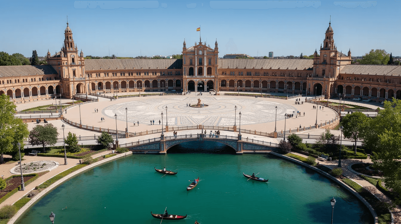 An aerial view of Seville's Plaza de España captures the iconic semicircular building and its surrounding canal, bathed in sunlight, showcasing the historic city's rich architecture and vibrant atmosphere. This world heritage site is a popular starting point for day trips from Seville to nearby beautiful towns and historic sites.