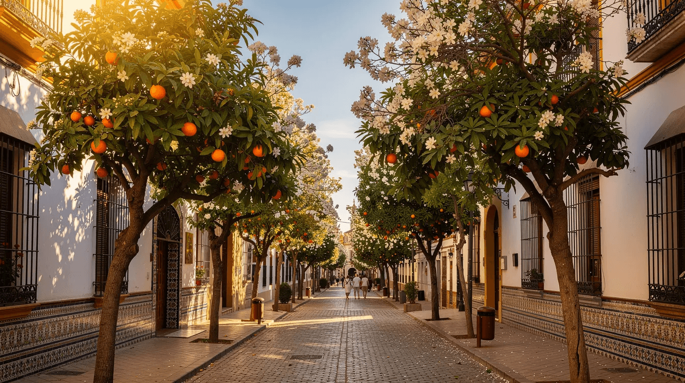 A picturesque Seville street is lined with vibrant orange trees in full bloom during spring, their fragrant blossoms illuminated by sunlight filtering through the branches. This scene captures the essence of the best time to visit Seville, with its charming city streets and blooming flowers, perfect for enjoying local events and the festive atmosphere.