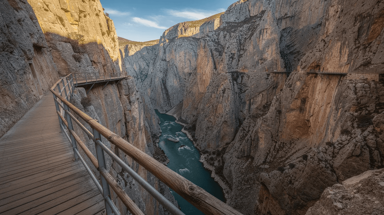 The image depicts a narrow wooden walkway clinging to the steep vertical walls of Caminito del Rey, with a breathtaking view of the deep gorge below. This stunning location, known for its spectacular views, is a popular choice for day trips from Seville, offering a memorable experience in southern Spain's beautiful landscapes.