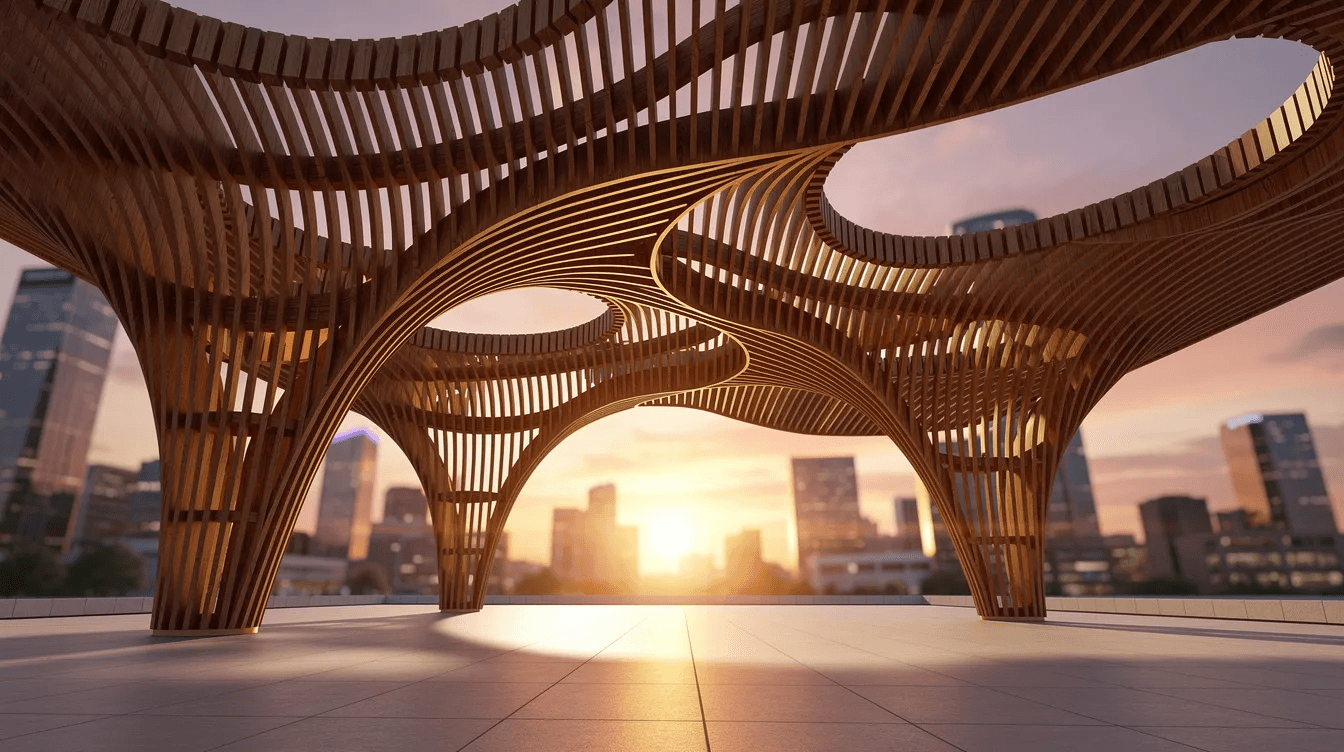 The image features a modern wooden lattice canopy structure with wavy organic forms, set against a warm sunset sky that highlights a city skyline in the background, reminiscent of the innovative design of Las Setas de Sevilla. This striking architecture contrasts beautifully with the historic elements of Seville, inviting visitors to explore the vibrant local culture and attractions.