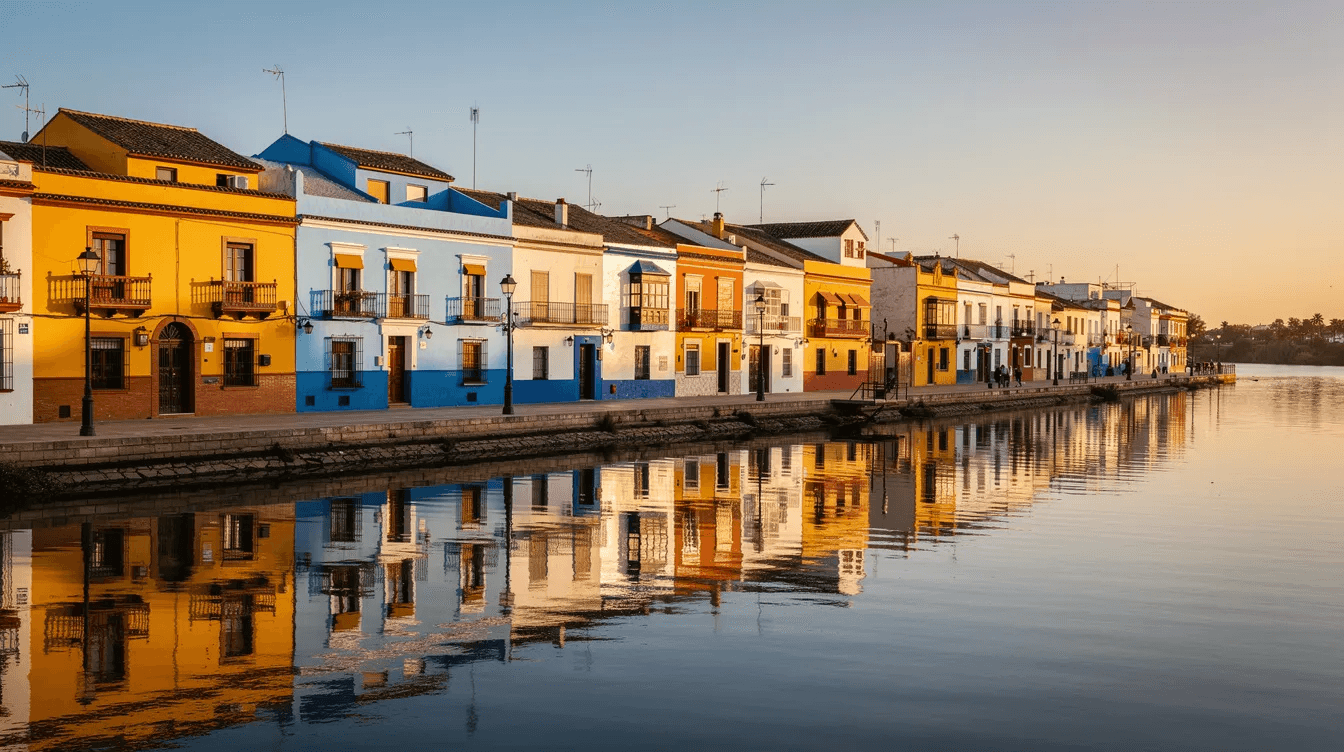The image captures vibrant, colorful buildings lining the Guadalquivir River in the Triana neighborhood during the golden hour, with warm sunlight illuminating the scene. This picturesque view offers a glimpse into the charm of Seville, perfect for budget travelers exploring the city's unique architecture and local culture.