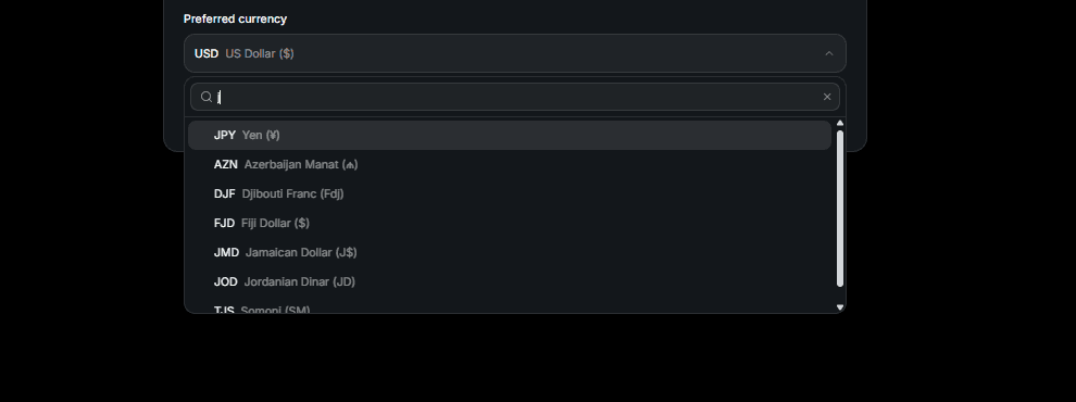 Setting JPY as preferred currency in profile