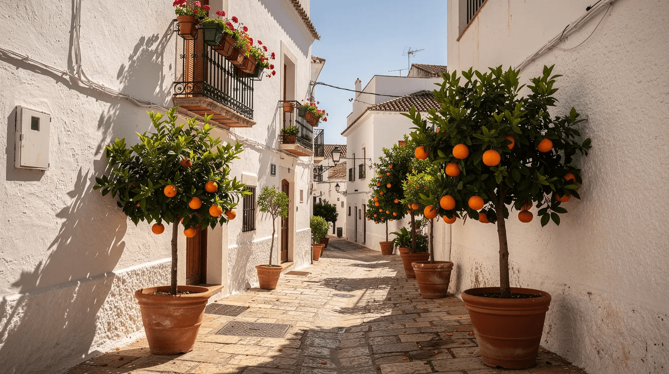The image depicts a narrow sunlit alley lined with vibrant orange trees and charming whitewashed walls, typical of the historic Santa Cruz neighborhood in Seville. This picturesque scene captures the essence of the old town, inviting visitors to explore its narrow streets and enjoy the warm Spanish atmosphere.