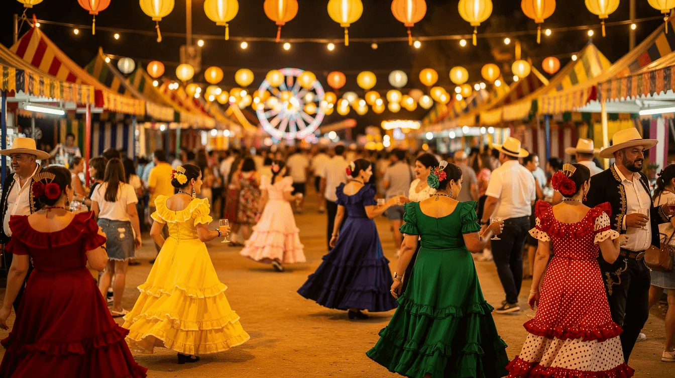 A vibrant scene captures crowds dressed in colorful flamenco dresses strolling through a lively fairground adorned with hanging paper lanterns at night. This festive atmosphere reflects the spirit of the Feria de Abril, one of Seville's most celebrated spring festivals, filled with music and dance.