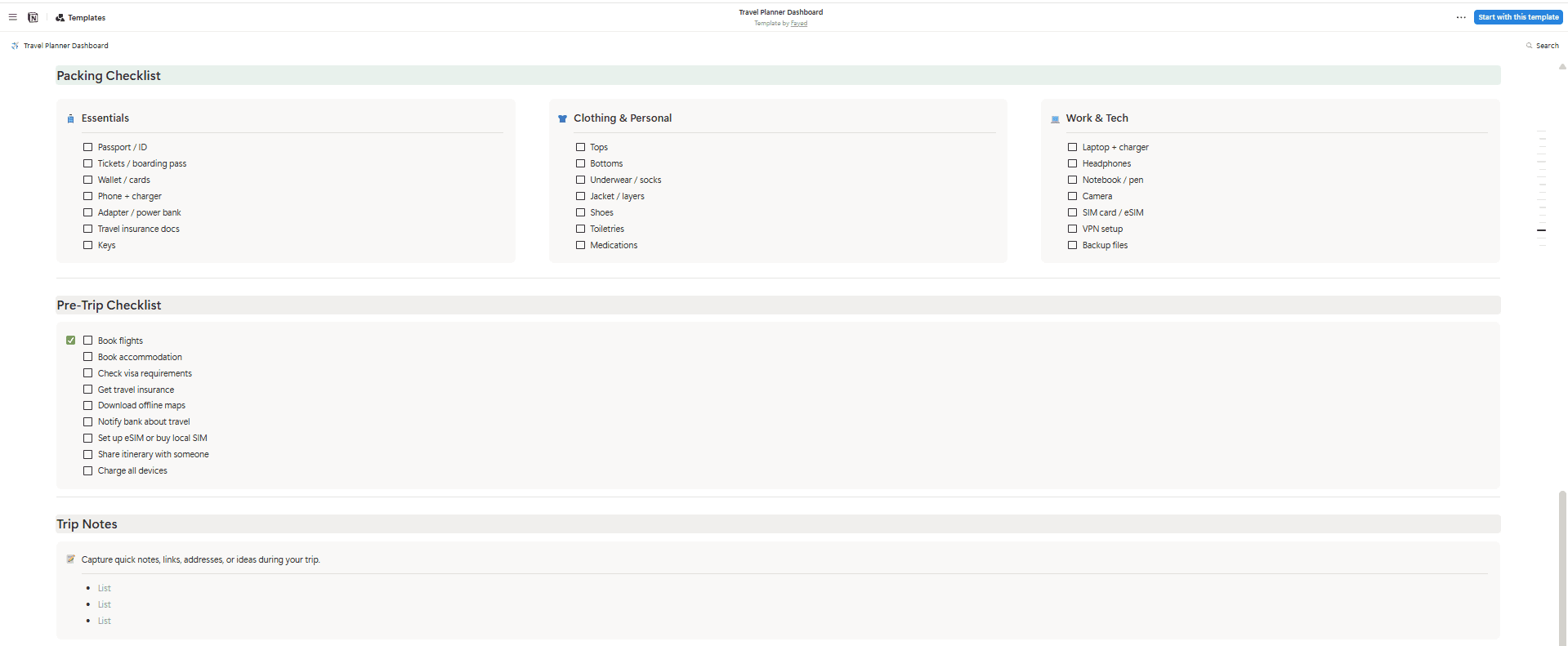Travel Planner Dashboard template in Notion