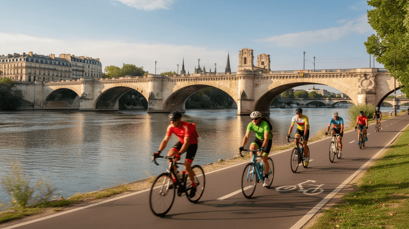 A group of cyclists is riding along a dedicated bike lane beside a wide river, with a historic bridge visible in the background. This scene captures the essence of getting around Seville, showcasing the city's commitment to public transport options and outdoor activities.