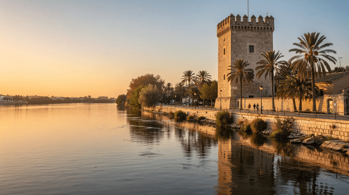 A stunning golden hour view of the Guadalquivir River showcases a historic stone tower, known as Torre del Oro, framed by palm trees along the waterfront, creating a picturesque scene that reflects Seville's rich history and vibrant atmosphere. This area is in close proximity to the Santa Cruz neighborhood, making it an ideal spot for visitors looking to explore local tapas bars and enjoy the city's main attractions.