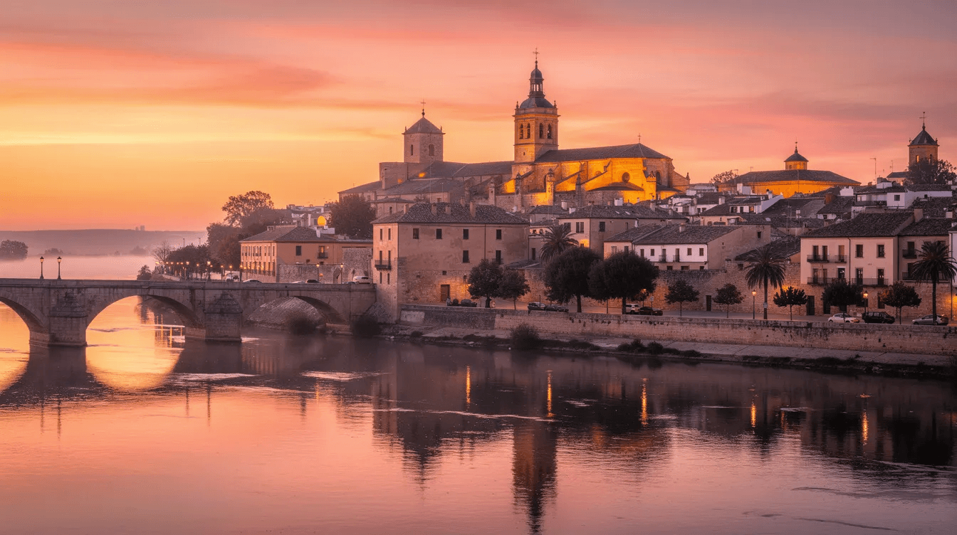 A panoramic sunset view of a Spanish city skyline showcases historic buildings silhouetted against an orange sky, with the Guadalquivir River in the foreground. This picturesque scene captures the essence of Seville, a city known for its vibrant neighborhoods like Santa Cruz, where visitors can find luxury hotels and excellent tapas bars within easy walking distance of main attractions.