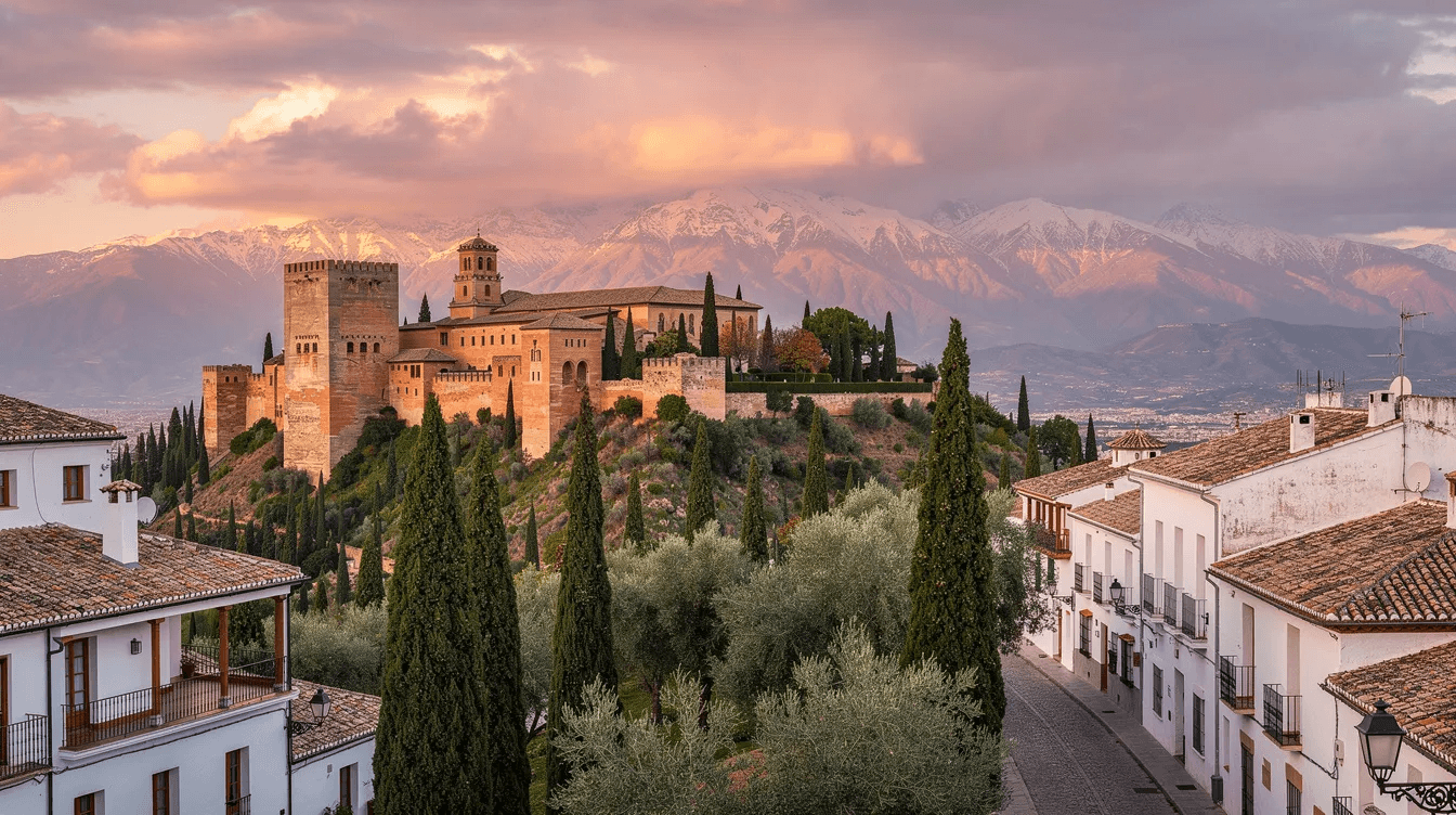 The image shows the stunning Alhambra palace complex in Granada, framed by the whitewashed houses of the Albayzín neighborhood, with the majestic Sierra Nevada mountains rising in the background. This UNESCO World Heritage site is a popular destination for day trips from Seville, offering a glimpse into its rich history and spectacular views.