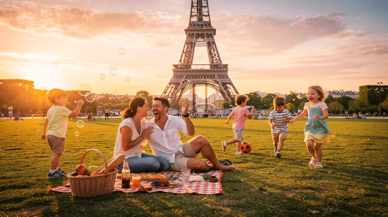 Family enjoying a picnic on the Champ de Mars with the Eiffel Tower in the background
