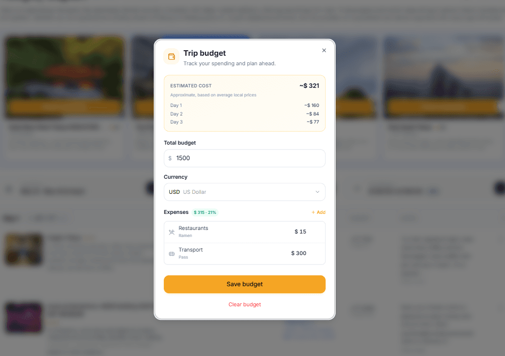 TripStone budget modal for Tokyo trip