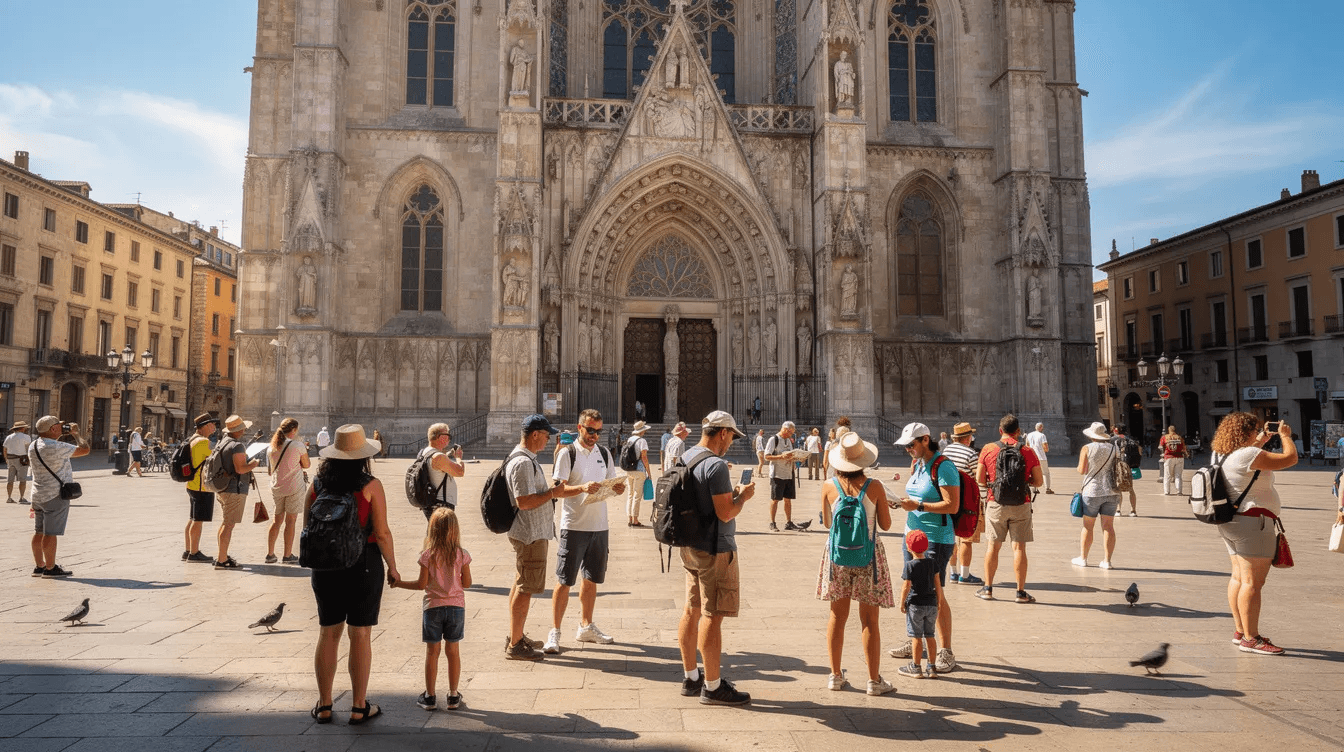 A bustling plaza filled with tourists enjoying the sunny day near the grand entrance of a historic cathedral, showcasing the vibrant local culture of Seville. This scene captures the charm of the city center, where visitors gather to explore the beautiful streets and monuments of the old town.