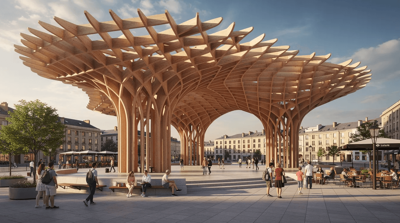 The image features a large, modern wooden structure resembling a parasol, towering over a bustling city square where people stroll beneath its shade. This stunning architecture, known as Las Setas, is a popular attraction in Seville, providing a unique spot for family fun during a visit to the city.