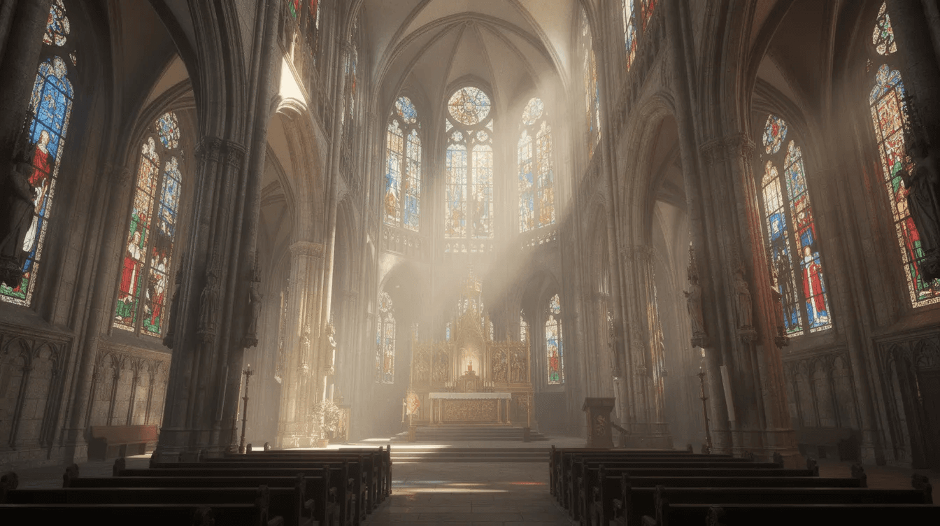 The image depicts the interior of the largest Gothic cathedral, featuring towering stone columns and stunning stained glass windows that cast vibrant colors onto the floor, creating a serene and awe-inspiring atmosphere. This magnificent structure is a UNESCO World Heritage site and a must-see for anyone visiting Seville.