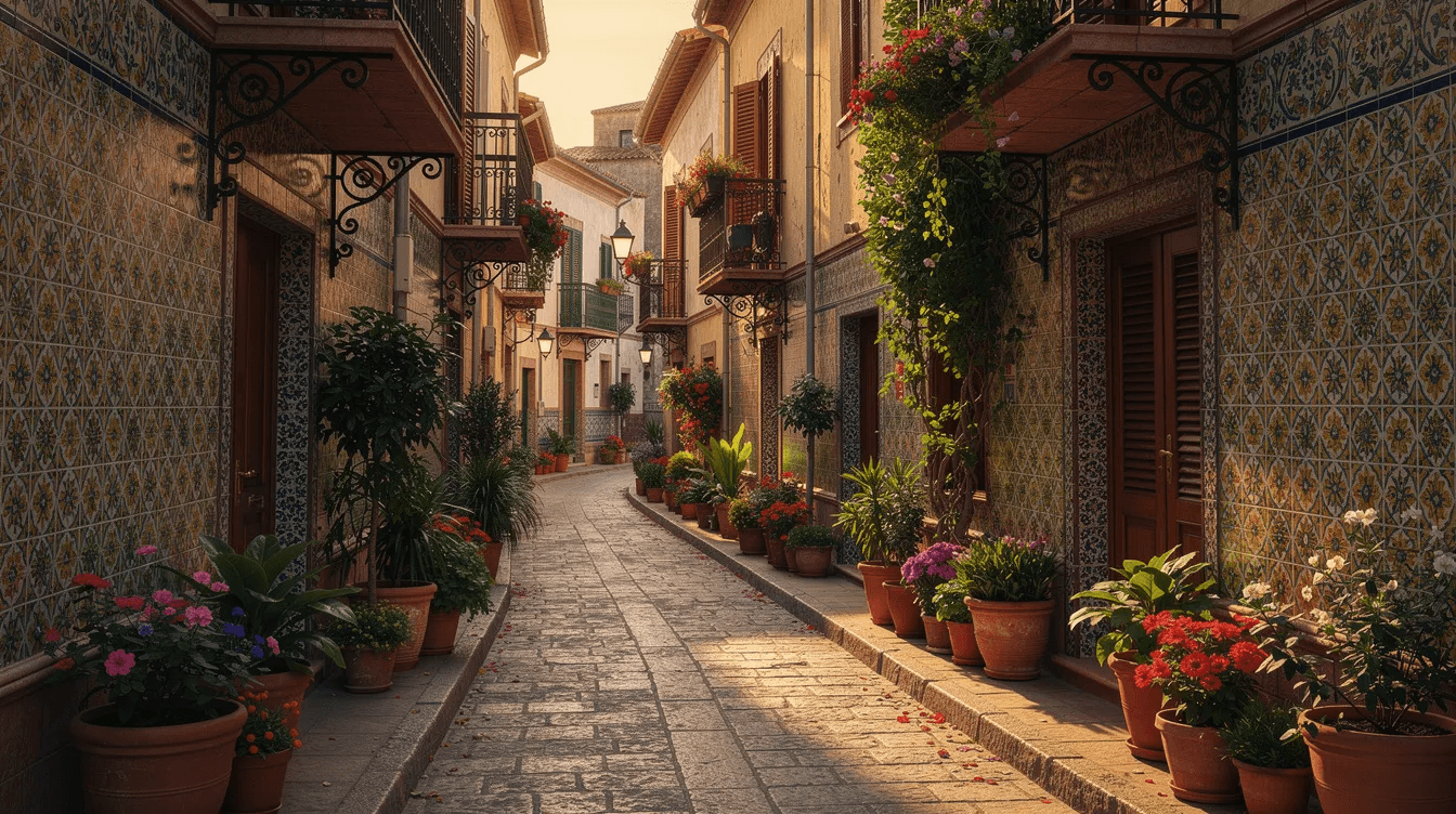 The image depicts colorful tiled ceramic facades adorning buildings along a narrow street, enhanced by potted plants and wrought-iron balconies, capturing the authentic atmosphere of the Santa Cruz neighborhood in Seville. This vibrant scene reflects the city's distinctive character and is just steps away from excellent tapas bars and luxury hotels, making it a great location for visitors exploring Seville's main attractions.