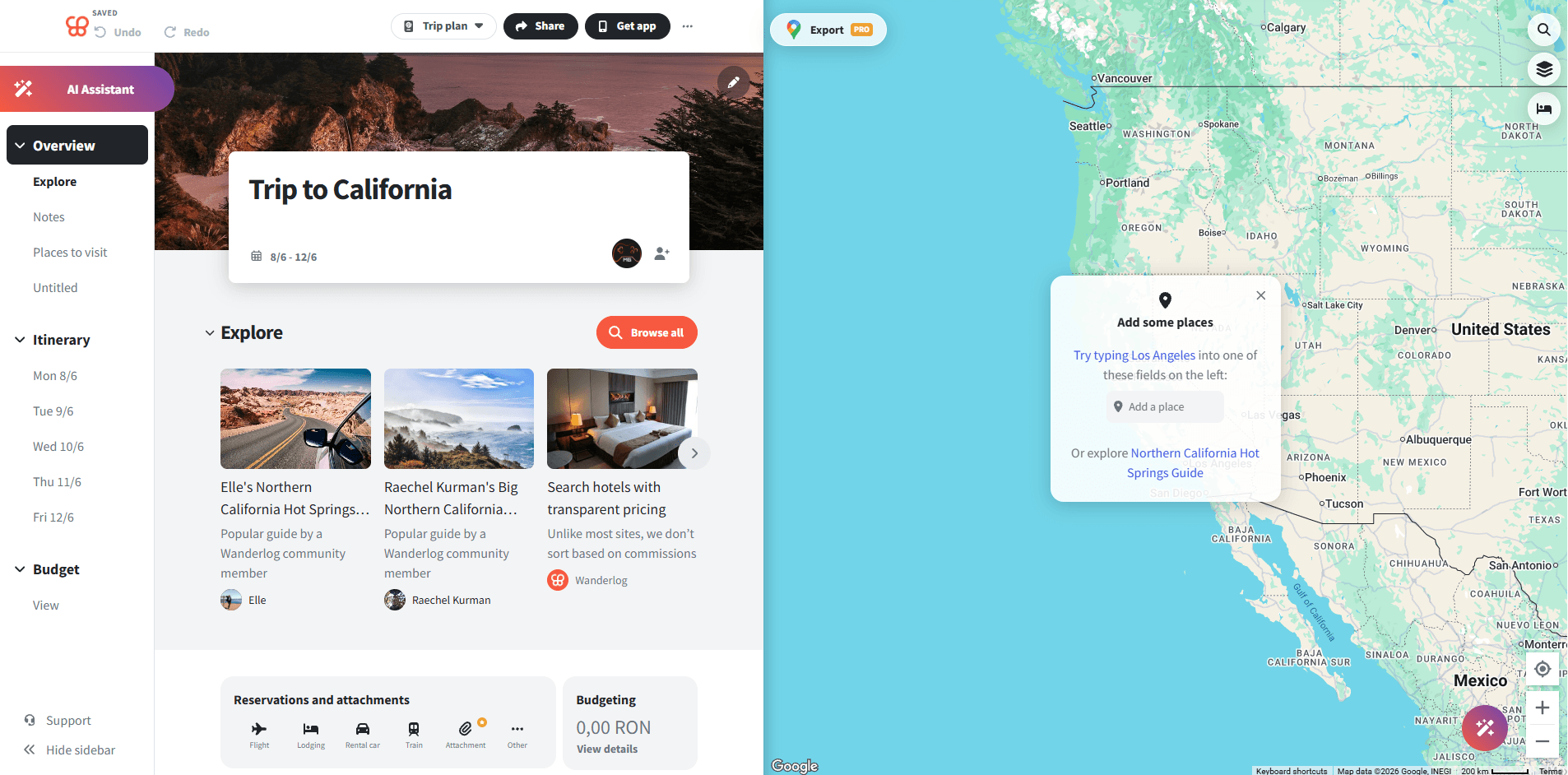 wanderlog create trip