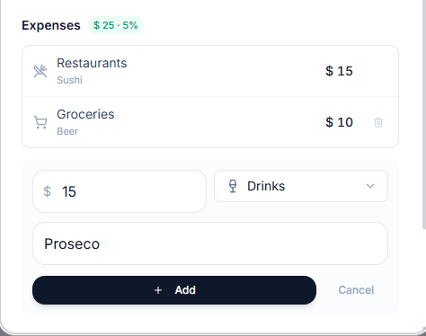 Adding expenses — restaurants, groceries, drinks with amounts