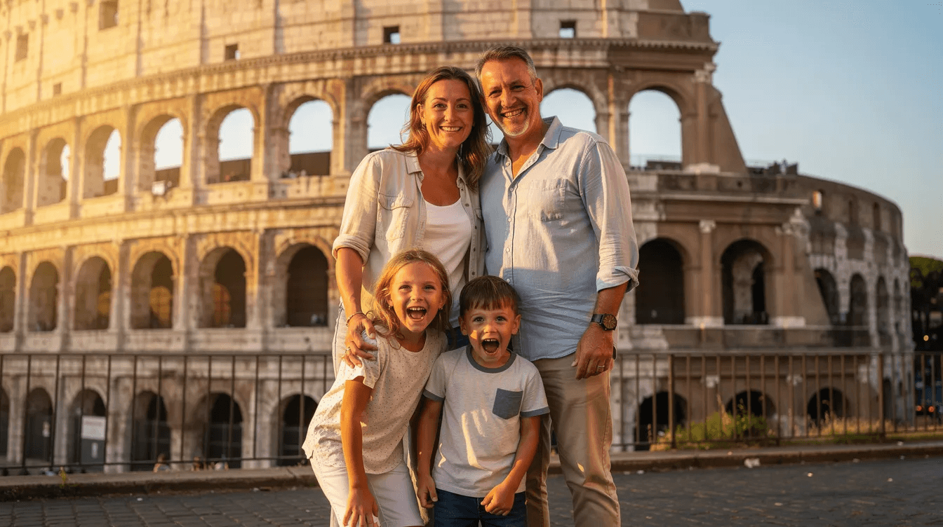 Family of four in front of the Colosseum during golden hour