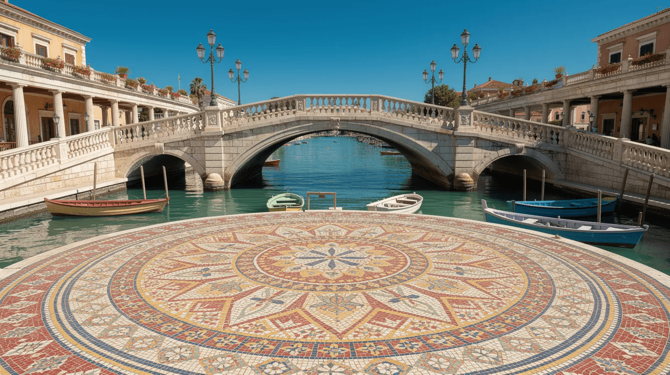 The image depicts the stunning Plaza de España in Seville, showcasing its colorful tiled semicircular design, a serene canal with small rowboats, and ornate bridges under a clear blue sky, making it a perfect spot for family fun during a visit to southern Spain. This iconic landmark, surrounded by beautiful gardens, is a must-see for families exploring the city.