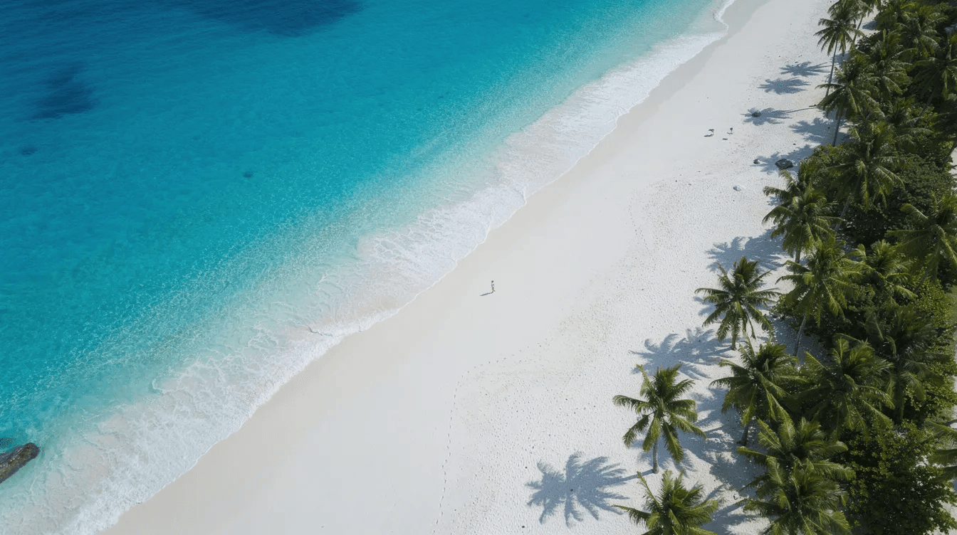 An aerial view captures the stunning turquoise Caribbean water gently lapping against a pristine white sand beach, fringed by swaying palm trees. This idyllic scene evokes the beauty of Mexico's Caribbean coast, perfect for beach time and relaxation.