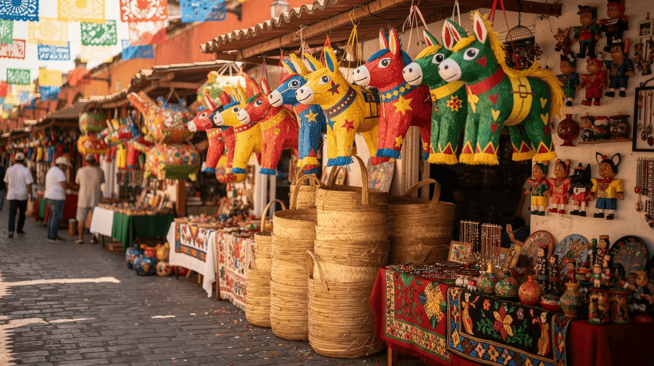 The image depicts a vibrant Mexican market filled with colorful stalls showcasing hanging piñatas, woven baskets, and handmade crafts, reflecting the rich local traditions and cultural attractions of Mexico. Street vendors bustle about, offering a variety of street food, making it an ideal stop for visitors exploring the local markets during their Mexico trip.