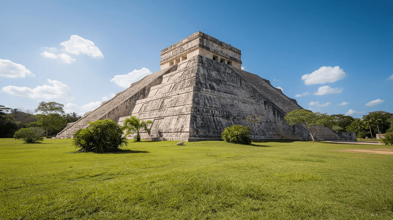 An ancient Mayan step pyramid stands majestically surrounded by lush green grass under a clear blue sky with scattered clouds, representing the rich history of Mexico's archaeological sites. This iconic structure invites visitors to explore the cultural attractions of the Yucatan Peninsula and experience the vibrant local traditions.
