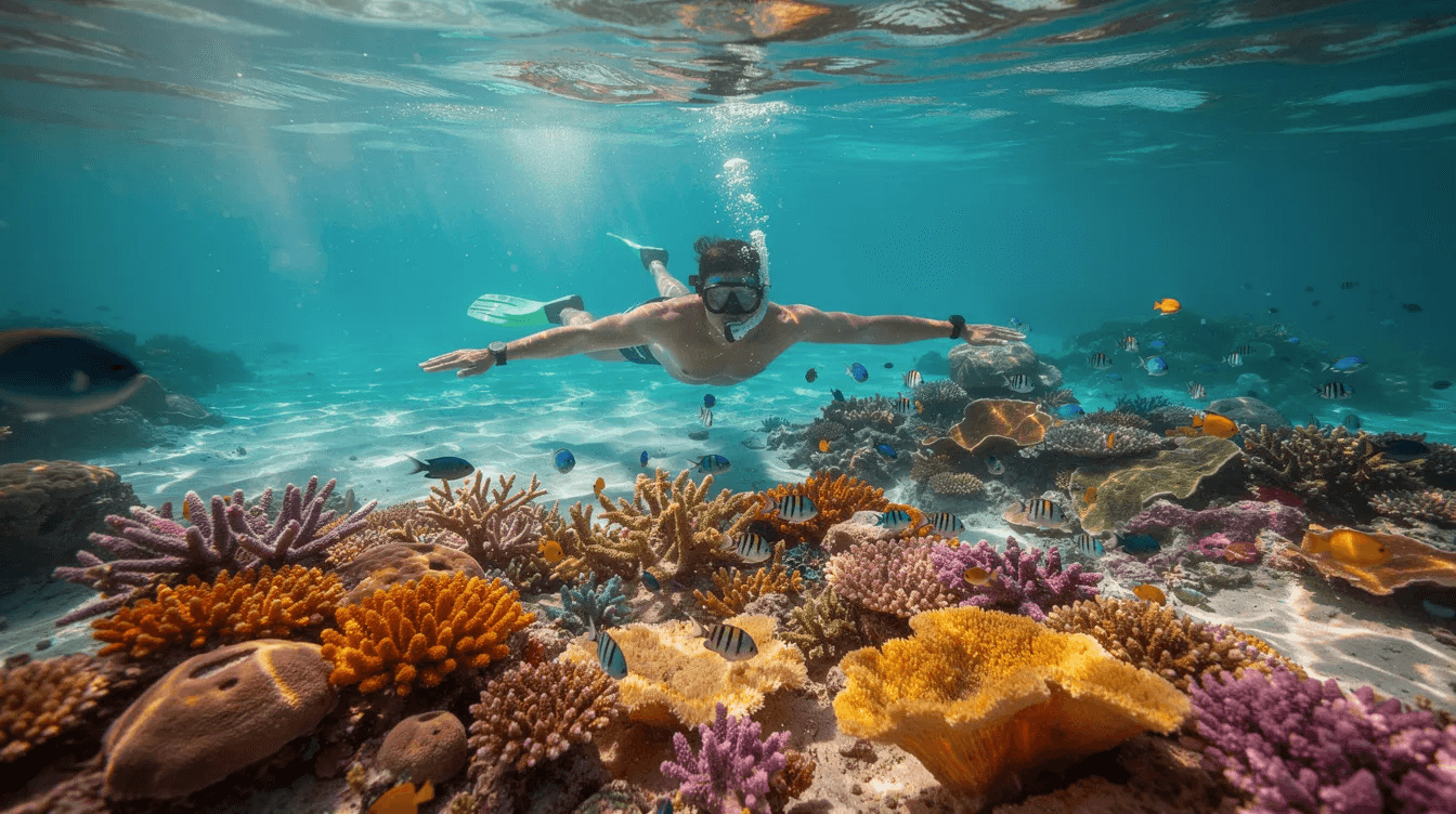 An underwater scene captures a snorkeler gliding above a vibrant coral reef teeming with colorful tropical fish in crystal-clear turquoise water, showcasing the natural wonders of the Caribbean Sea. This breathtaking view reflects the beauty of Mexico's aquatic life, inviting visitors to explore its stunning marine ecosystems.