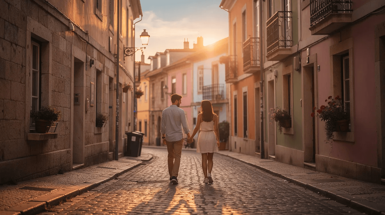 A couple strolls hand in hand down a charming cobblestone street in a European city, bathed in the warm glow of sunset, creating a romantic atmosphere perfect for multi city travel. This picturesque scene captures the essence of exploring beautiful destinations together, making it an ideal moment for travelers planning their next getaway.
