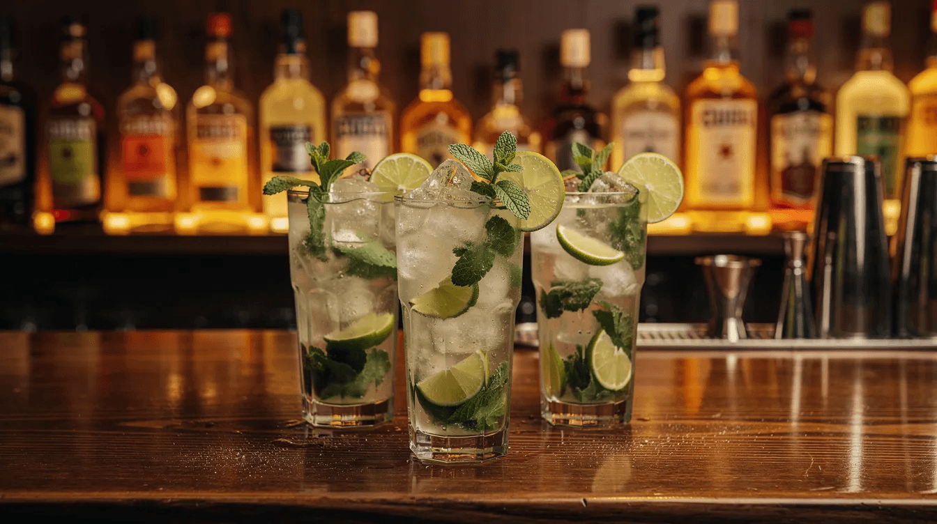 The image features a wooden bar counter adorned with tall glasses of freshly made mojitos, each garnished with fresh mint leaves, while bottles of Cuban rum are visible in the background. This scene captures the essence of Cuban culture, inviting visitors to enjoy a refreshing drink during their weekend in Havana, Cuba.