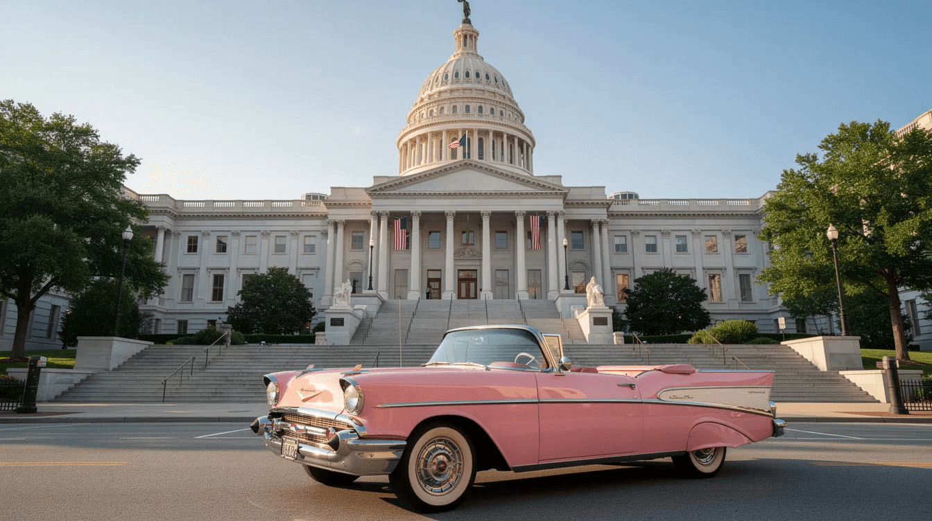 A classic pastel pink 1950s American convertible car is parked in front of a grand domed government building, showcasing the vibrant charm of Havana. This scene captures the essence of Cuba's vintage car culture and its beautiful architecture, making it a perfect representation of a day trip in this captivating city.