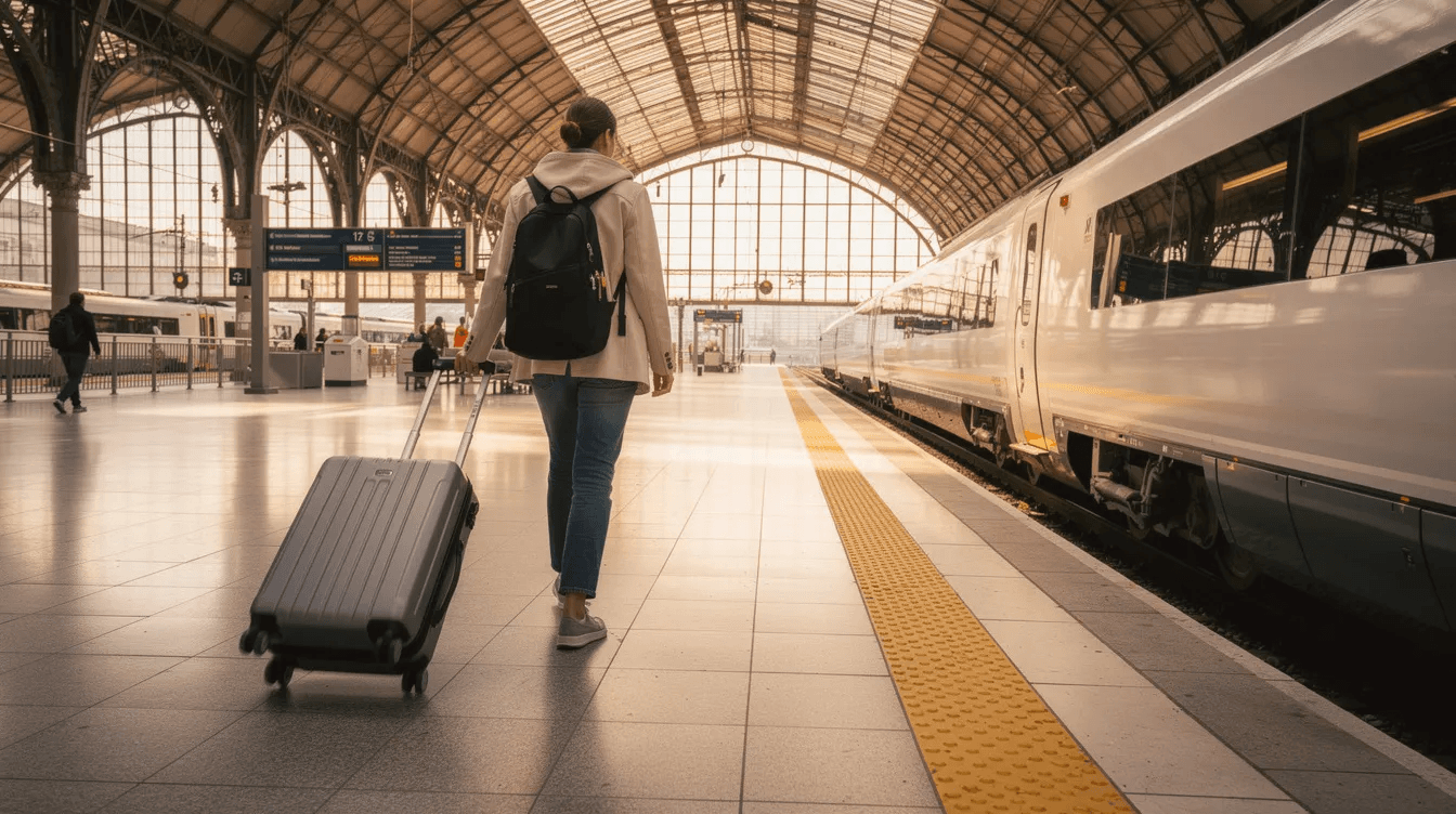 A traveler is seen pulling a small carry-on suitcase through a bright and bustling European train station platform, surrounded by various travelers and train schedules. This scene captures the essence of multi city travel, as the traveler embarks on a journey to explore multiple cities across Europe.