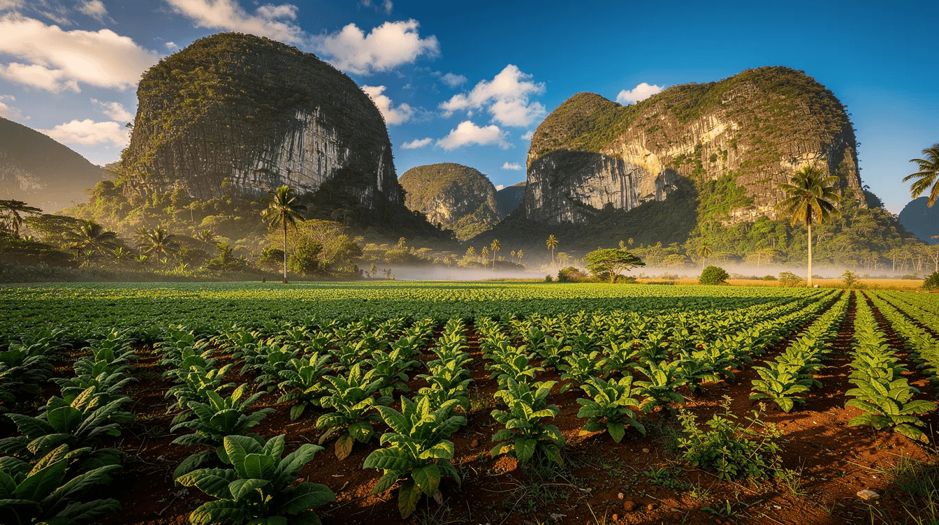 The image depicts lush green tobacco fields nestled in a valley, framed by dramatic limestone mogote hills under a clear blue sky, showcasing the natural beauty of Cuba's countryside. This picturesque scene highlights the essence of visiting Cuba, particularly in the Viñales Valley, known for its rich tobacco plantations and stunning landscapes.