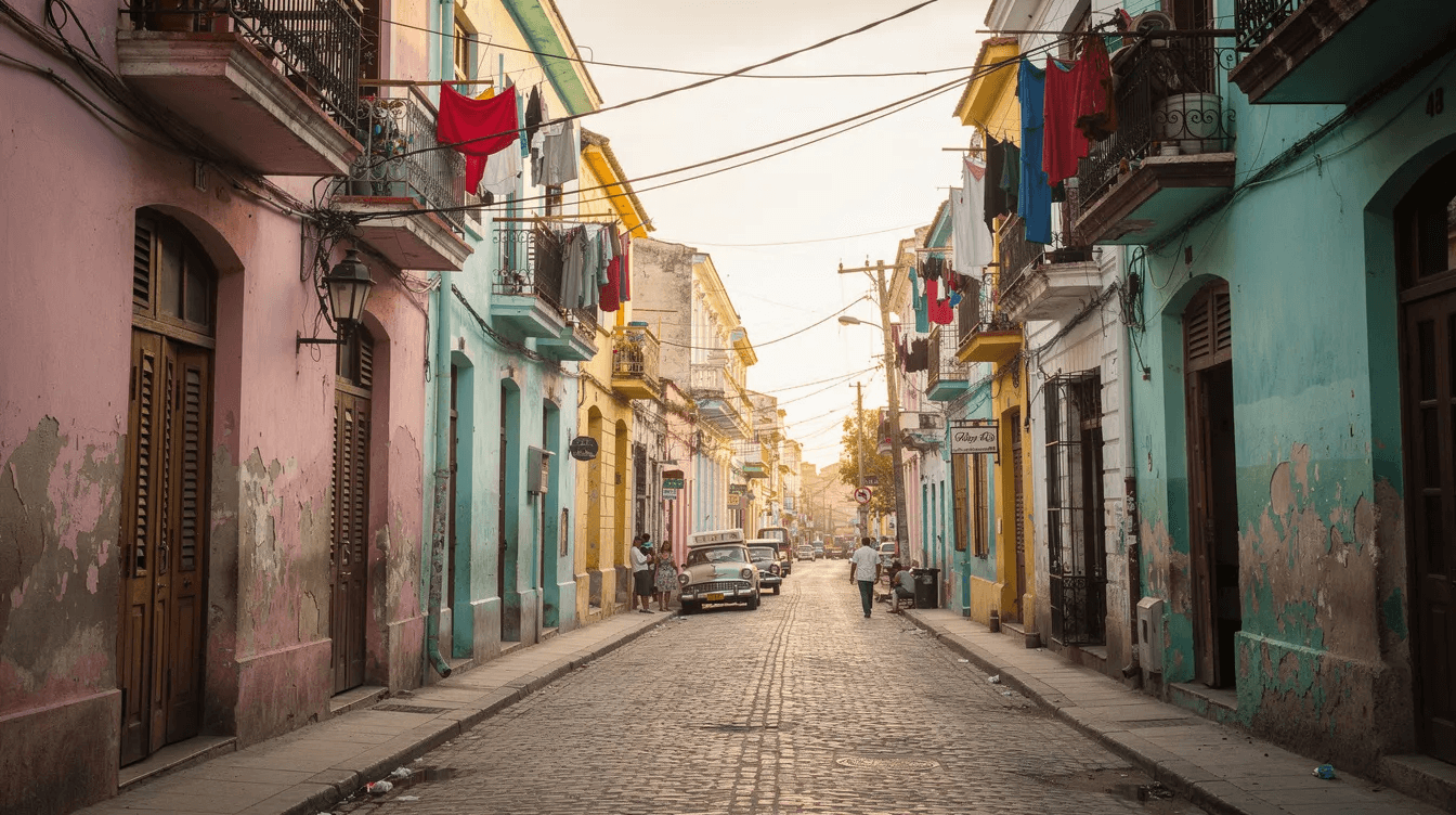 A narrow cobblestone street in Old Havana is lined with colorful pastel colonial buildings, where laundry hangs from wrought-iron balconies, showcasing the vibrant local life and Cuban culture. This picturesque scene captures the essence of visiting Cuba, making it a perfect spot for tourists exploring the beautiful city on their Havana itinerary.