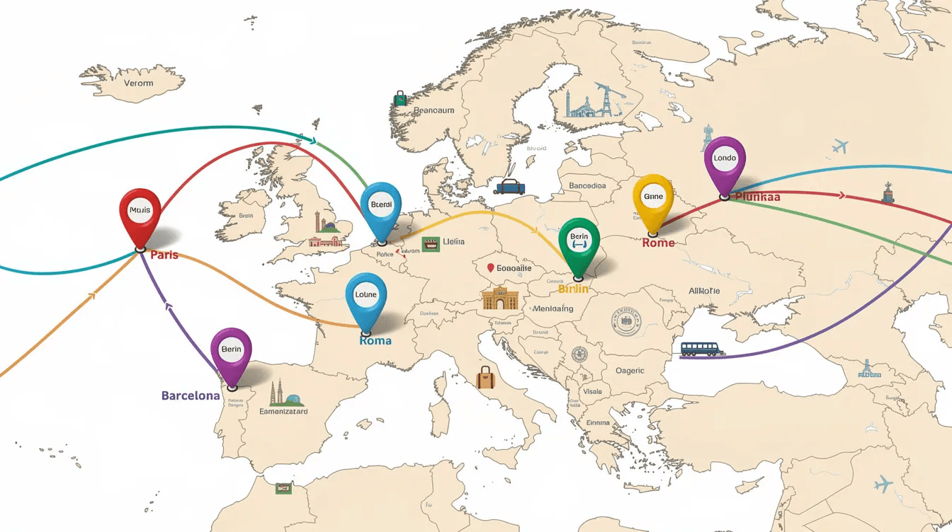 The image features a vibrant travel map showcasing several European cities, each marked with colorful pins and connected by curved route lines, illustrating a multi city trip planner's ideal itinerary. This visual representation highlights the journey's destinations and routes, perfect for travelers looking to explore multiple cities in one trip.